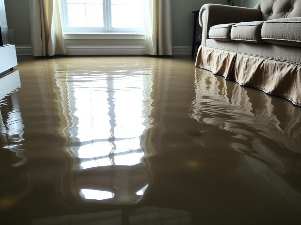Conroe living room — supply line failure, 3 inches of standing water extracted and hardwood dried in place over 4 days. — before restoration